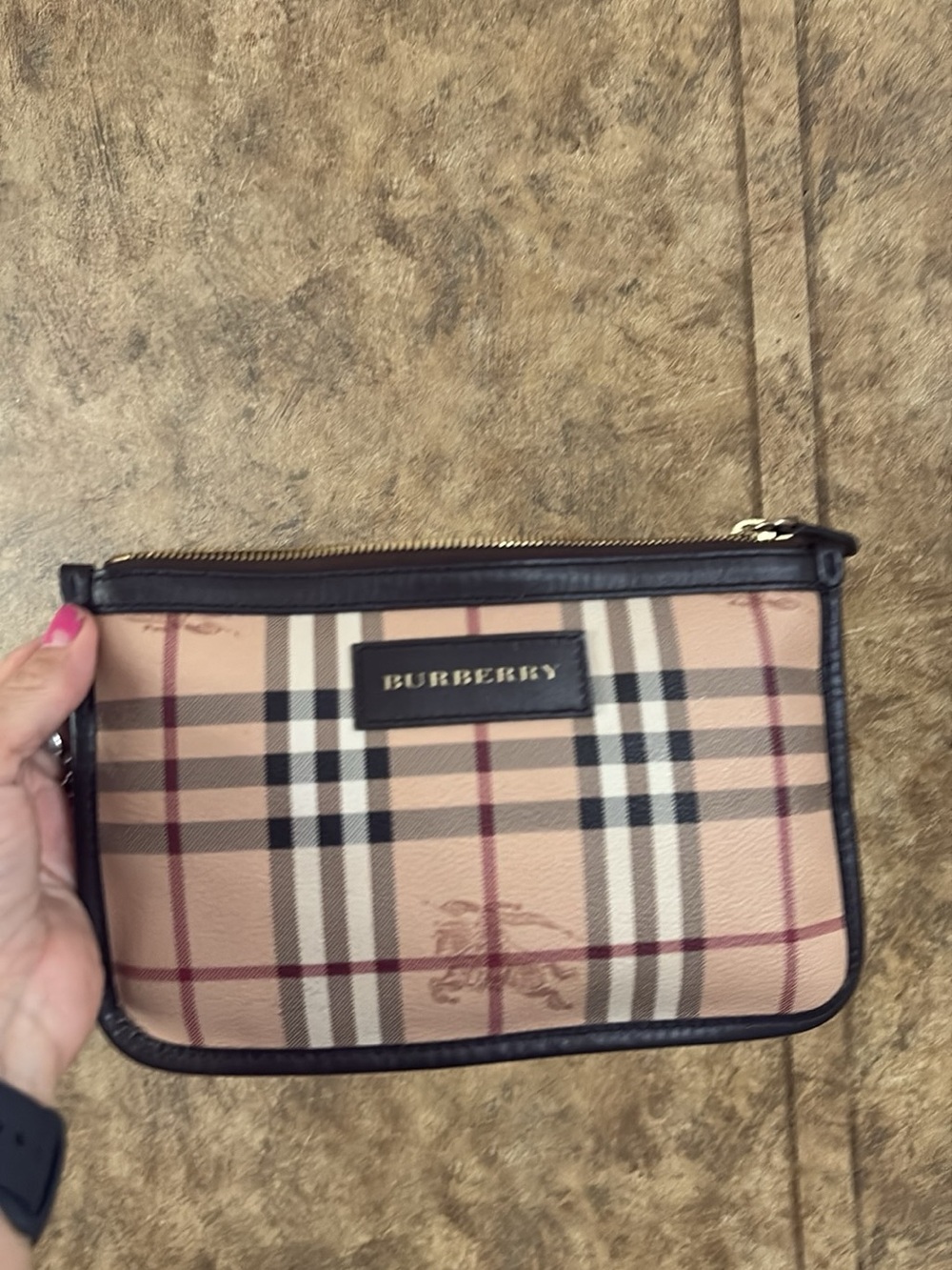 Burberry Tan Plaid Leather-Trim Wristlet